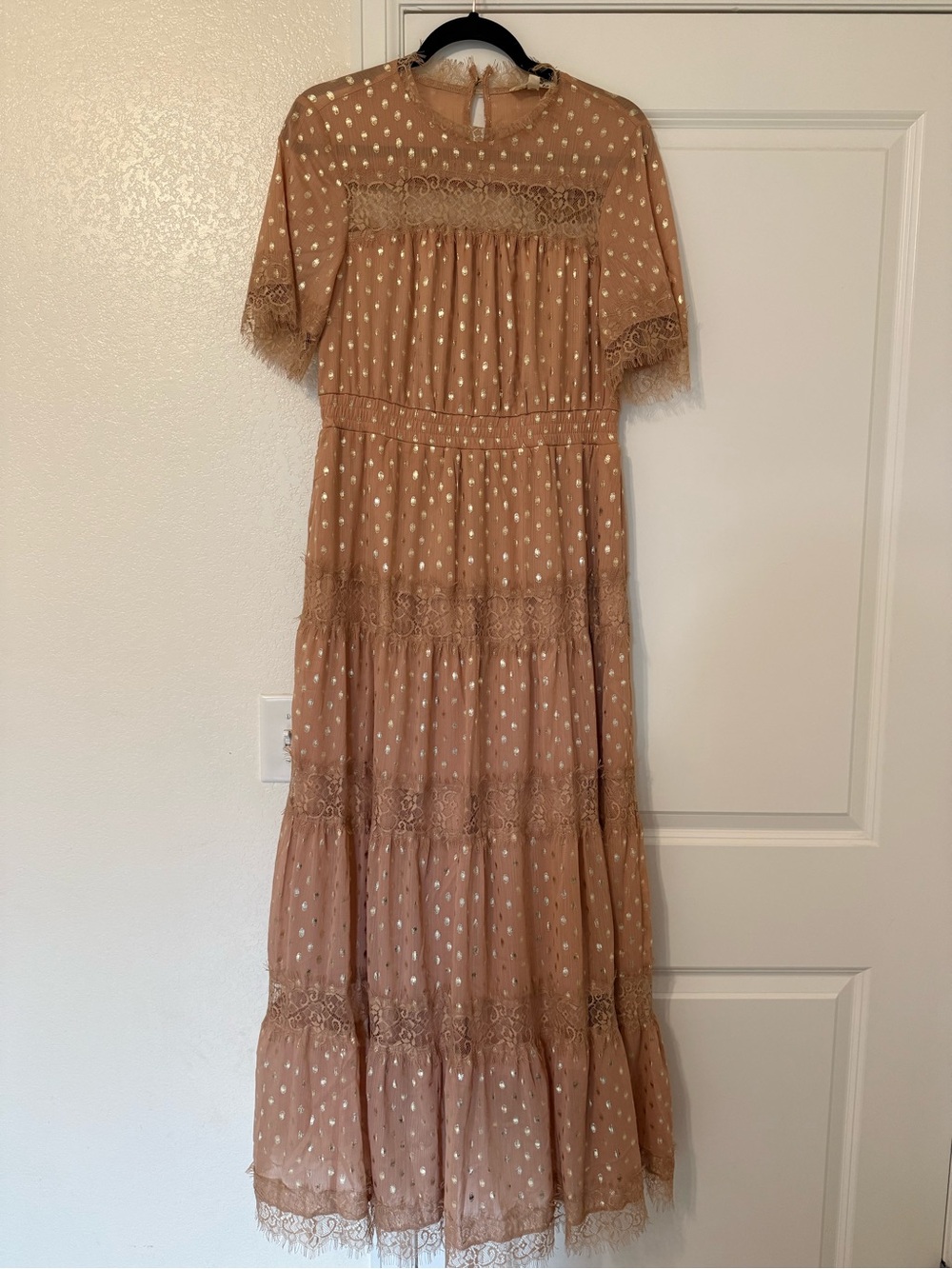 Listicle Blush Pink Lace-Trim Maxi Dress with Metallic Dots